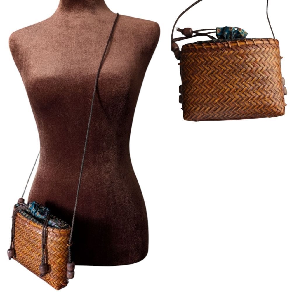 Unique Vintage Woven Brown Rattan Wicker Mini Bag